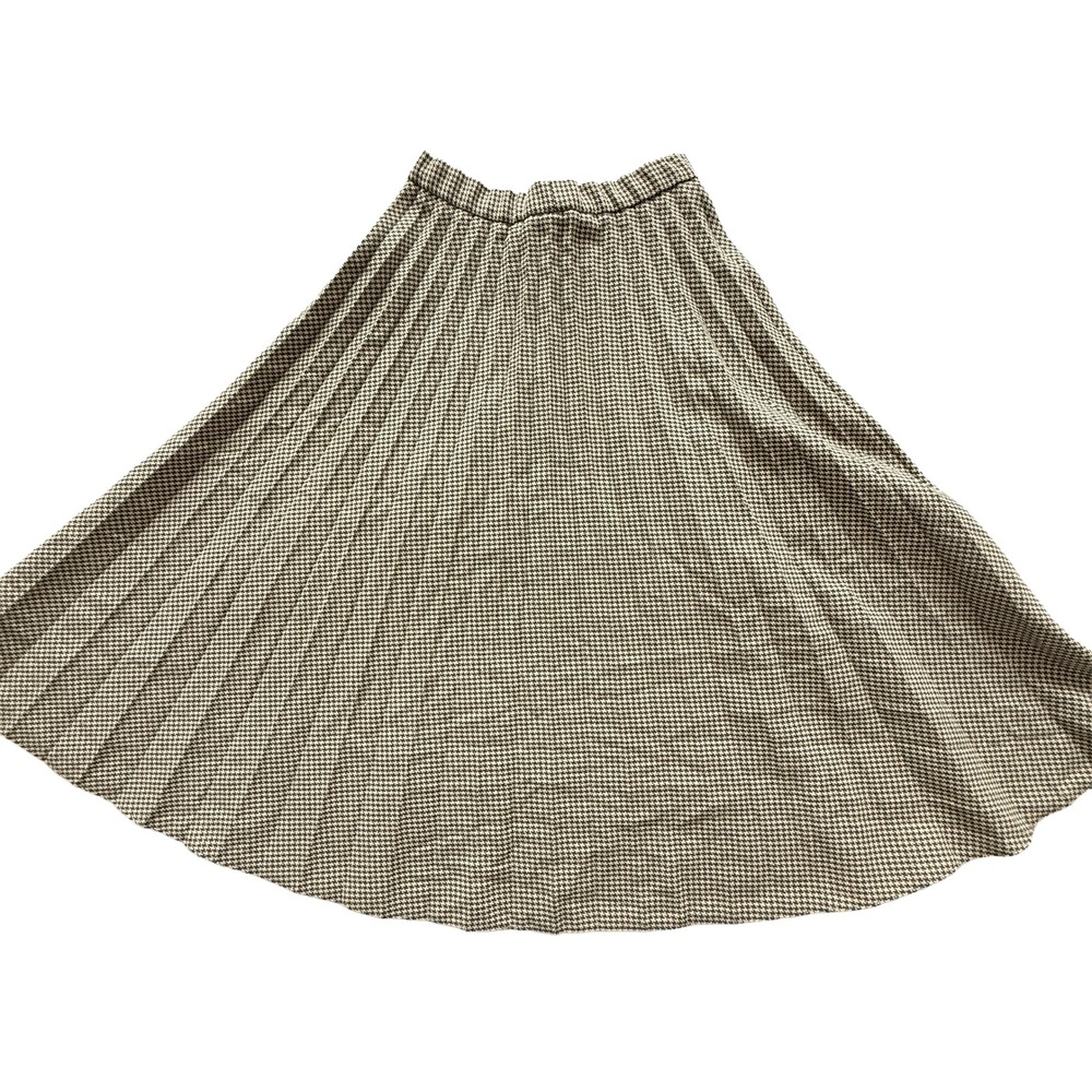 Vintage Bolero International Houndstooth Pleated Midi Skirt Brown Green Wool 22"